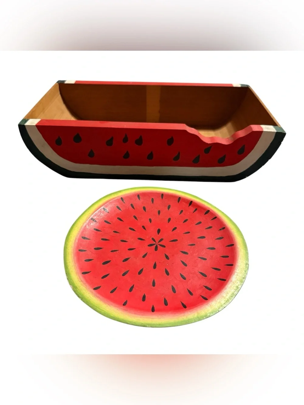 Vintage Handcrafted Wood Watermelon Basket W/ Plate Folk Art Picnic